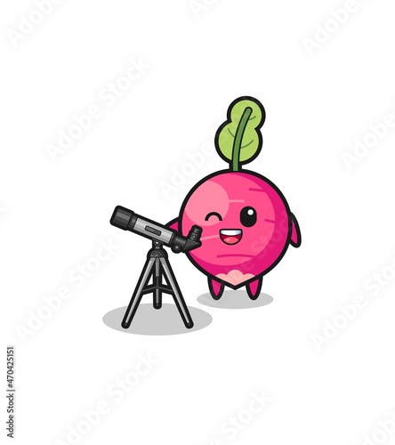 radish astronomer mascot with a modern telescope