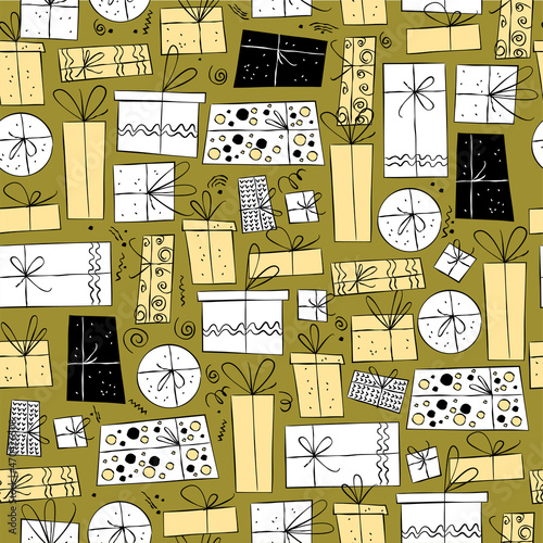 Christmas holiday seamless pattern with variant gift boxes and presents isolated. Hand drawn doodle flat illustration. For cards, prints, packaging, banners.