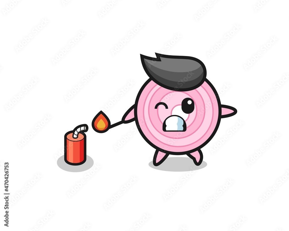 onion rings mascot illustration playing firecracker