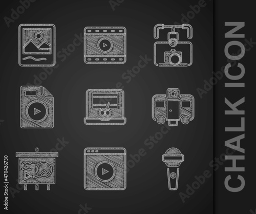 Set Video recorder on laptop, Online play video, Microphone, Actor trailer, Scenario chalkboard, AVI file document, Gimbal stabilizer with camera and Photo frame icon. Vector