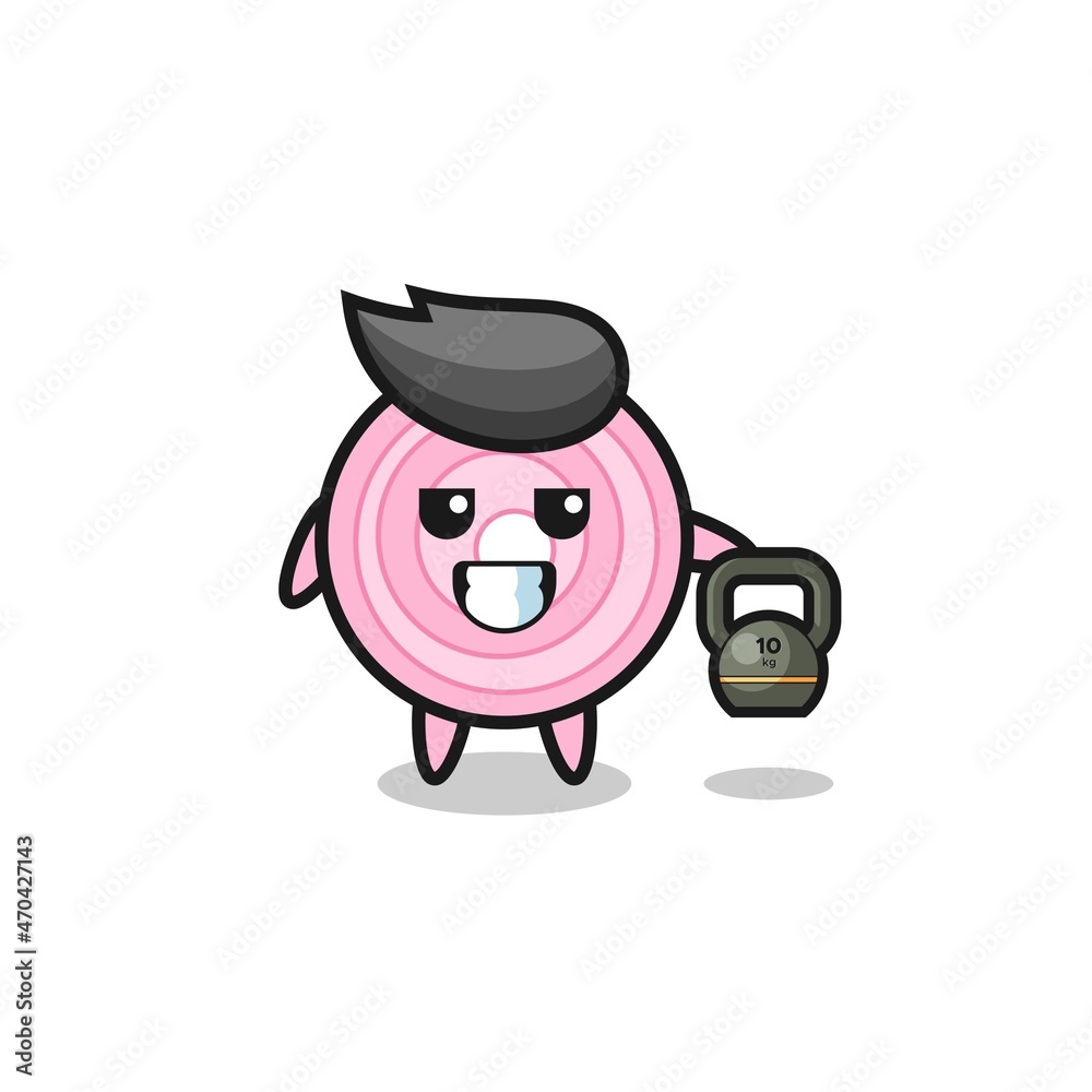 onion rings mascot lifting kettlebell in the gym onion rings mascot lifting kettlebell in the gym