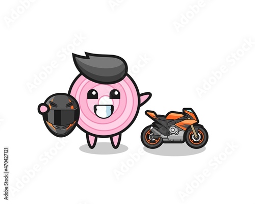 cute onion rings cartoon as a motorcycle racer