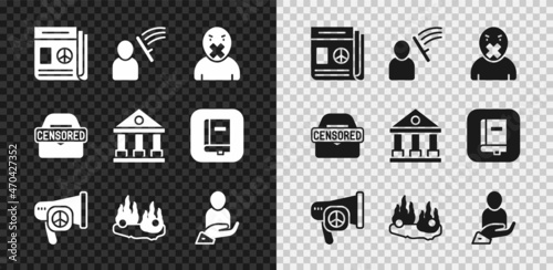 Set News, Police beat human, Censor and freedom of speech, Peace, Burning car, Life insurance hand, Censored stamp and Courthouse building icon. Vector