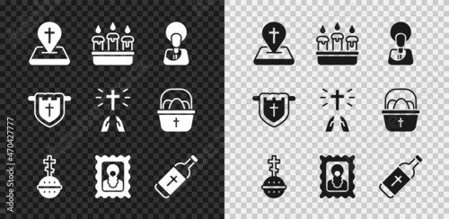 Set Location church building, Burning candle candlestick, Jesus Christ, Christian cross, icon, Holy water bottle, Flag with christian and Hands praying position icon. Vector
