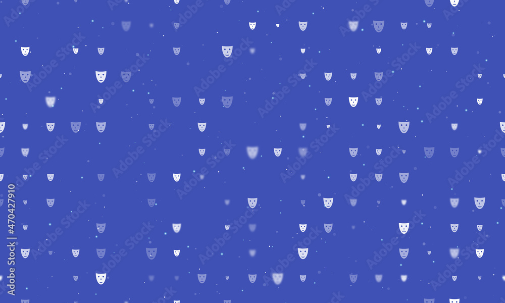 Seamless background pattern of evenly spaced white theatrical masks of different sizes and opacity. Vector illustration on indigo background with stars