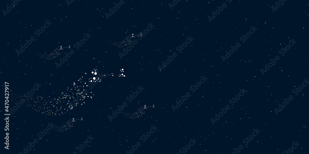 A social distance symbol filled with dots flies through the stars leaving a trail behind. There are four small symbols around. Vector illustration on dark blue background with stars