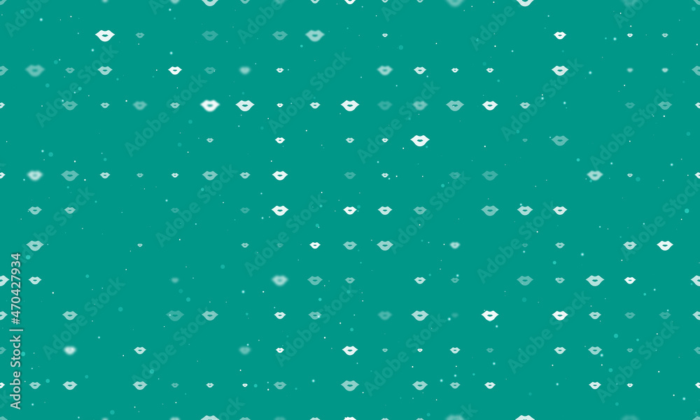 Seamless background pattern of evenly spaced white lips symbols of different sizes and opacity. Vector illustration on teal background with stars