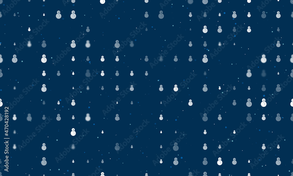 Seamless background pattern of evenly spaced white Christmas snowmans of different sizes and opacity. Vector illustration on dark blue background with stars