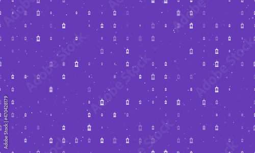 Seamless background pattern of evenly spaced white Christmas lanterns of different sizes and opacity. Vector illustration on deep purple background with stars