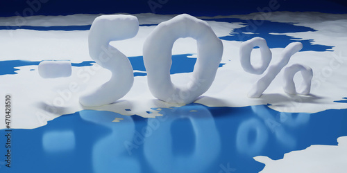 3d render. Snow lettering of minus 50 percent on a blue surface with snow remnants all around.