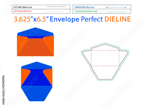 Editable easily resizable Regular Envelope 3.625x6.5 inch dieline template and 3D envelope