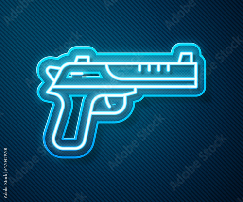 Glowing neon line Desert eagle gun icon isolated on blue background. Vector
