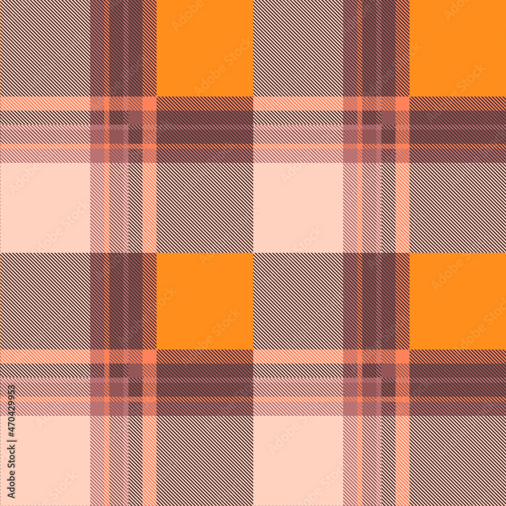 Seamless plaid pattern in orange, purple, soft coral and pale pink. All over classic fabric repeat.