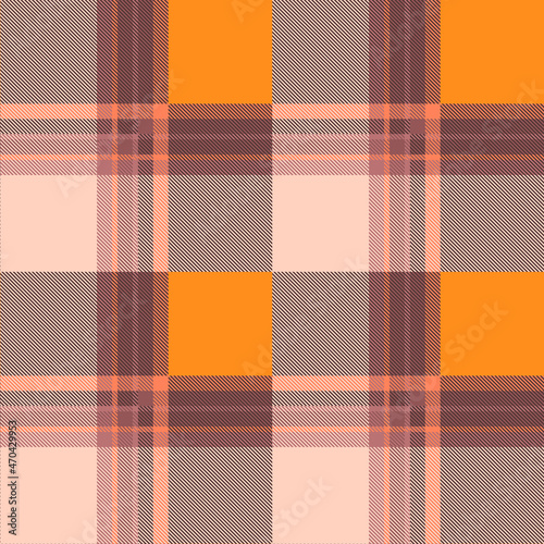 Seamless plaid pattern in orange, purple, soft coral and pale pink. All over classic fabric repeat.
