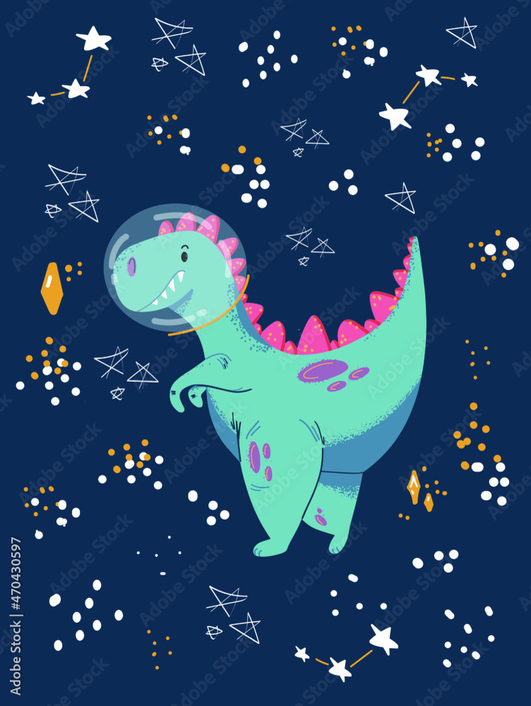 Cute cartoon cosmo little dinosaur - vector illustration. Cute simple dino night sky, stars -Great for designing baby clothes.
