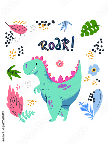 Cute cartoon little dinosaur - vector illustration. Cute simple dino, floral elements, roar, Great for designing baby clothes. © Yuliia Zolotova