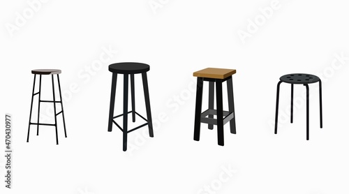 Black Stools Set. Vector isolated editable set of stools 