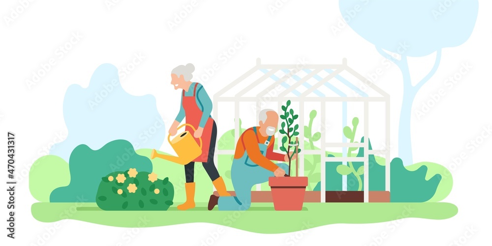 Senior family hobby. Elderly people engaged gardening. Grandparents plant and water flowers in yard. Couple take care of blossoms. Persons work in garden and greenhouse. Vector concept