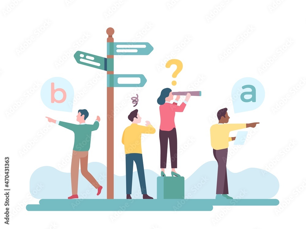 People make decision. Plurality opinions. Persons choose path. Important solution. Workers stand near pointer and look through telescopes. Points of view. Hard choice. Vector concept People make decision. Plurality opinions. Persons choose path. Important solution. Workers stand near pointer and look through telescopes. Points of view. Hard choice. Vector concept