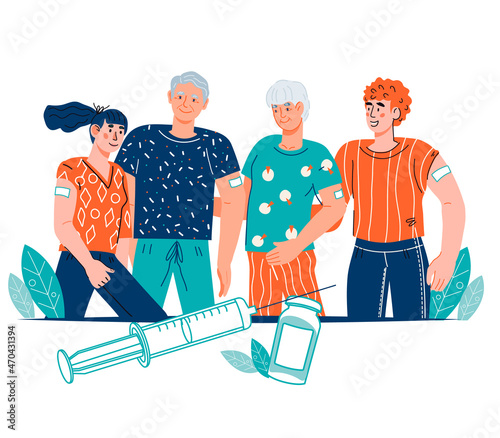 Vaccine Covid-19 coronavirus or flu infection. Family and elderly people vaccination against Covid-19 infection, flat vector illustration isolated on white background.