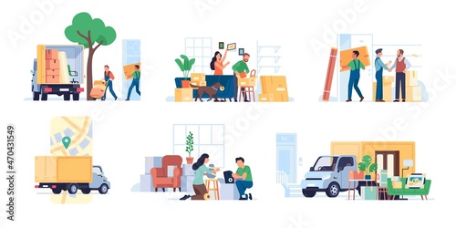 People moving home. Family relocation. Persons packing and loading things into trucks. Transportation furniture and boxes. Workers relocating property. Vector professional movers set
