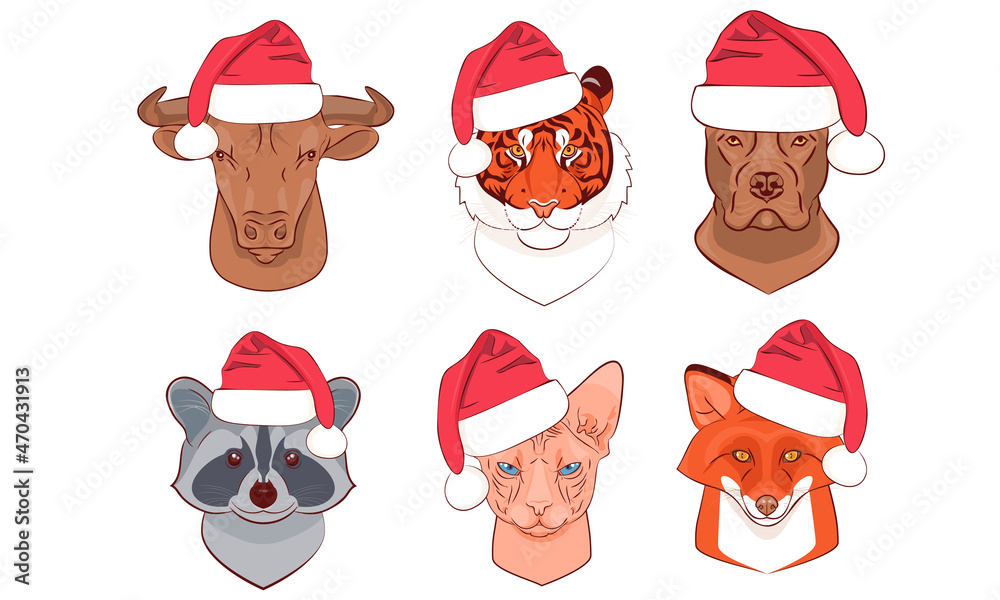 Obraz premium Set of illustrations in lineart style with portraits of animals in santa claus hats. New Year vector illustration. Dog, tiger, raccoon, fox, cat and bull.
