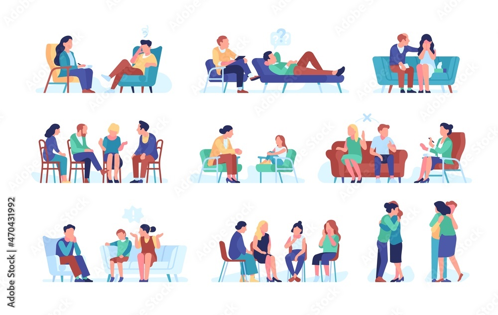 People at psychologist. Psychological consultations, moral support, assistance, depressed people with problems, couples, children and parents therapy, psychotherapy vector isolated set