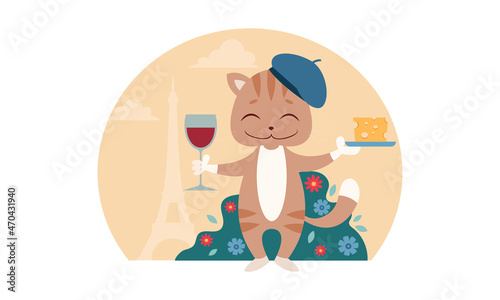 A cute smiling cat in a beret stands against the background of flowers and the Eiffel Tower and holds a glass of wine and cheese in his paws. Vector illustration.
