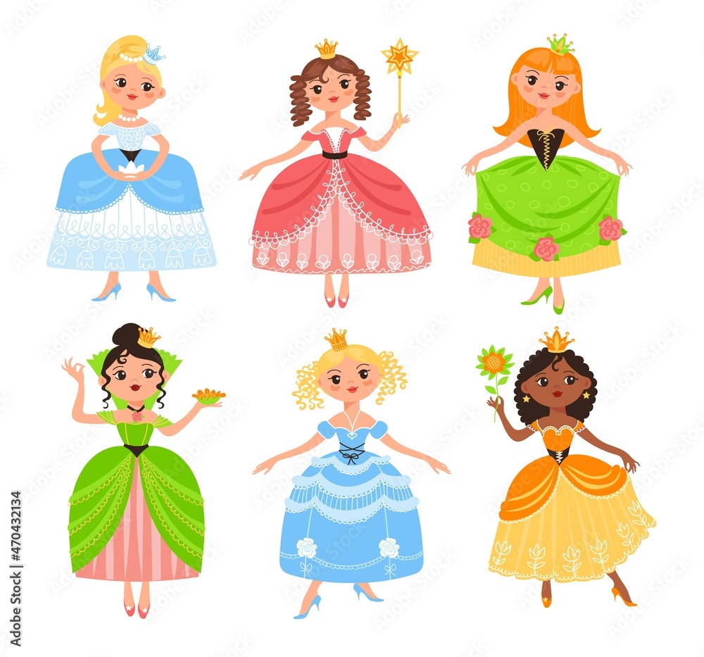 Cute princesses. Funny girls in lush beautiful dresses, young beauties,  little queens with crowns, kids fabulous characters, fairy tale adorable  children vector cartoon flat isolated set Stock Vector | Adobe Stock