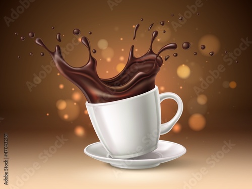 Coffee cup splash. Realistic porcelain saucer and espresso mug, black hot drink flow with drops, spilled beverage. Promotional advertising poster, ad banner template, vector isolated concept
