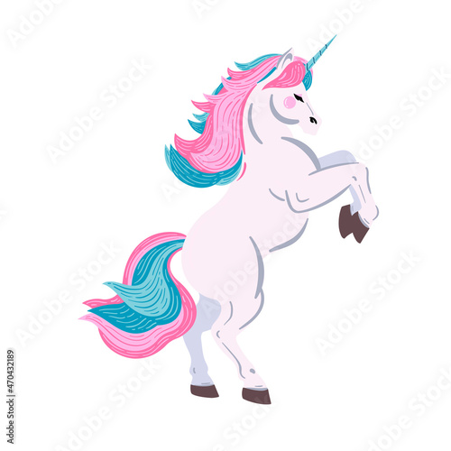 White prancing unicorn with pink and blue hair. Unicorn vector illustration isolated on white. 