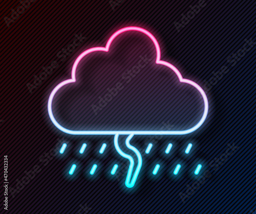 Glowing neon line Cloud with rain and lightning icon isolated on black background. Rain cloud precipitation with rain drops.Weather icon of storm. Vector