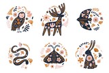 Floral animal emblems. Forest scandi fauna with flowers and leaves, folk compositions, forest creatures wildlife silhouettes, decorative labels, elk and hare vector cartoon flat isolated set