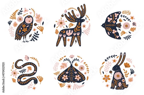 Floral animal emblems. Forest scandi fauna with flowers and leaves, folk compositions, forest creatures wildlife silhouettes, decorative labels, elk and hare vector cartoon flat isolated set photo