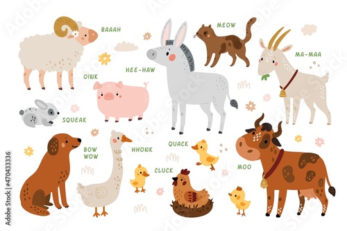 Animals talking. Funny farm characters sounds, domestic fauna, poultry and cattle yard inhabitants, Pigs and cows speech, educational guide for kids, vector cartoon flat isolated set