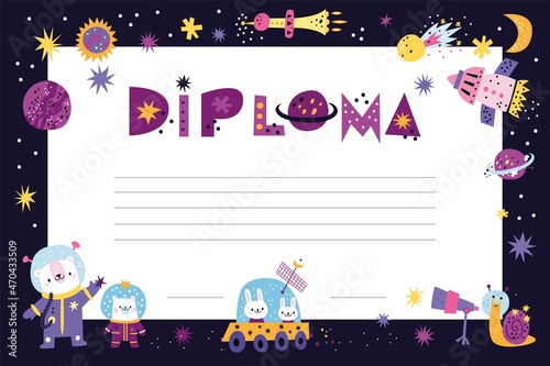 Space kids certificate. Cosmic animals theme childish school diploma. Kindergartens award card mockup with cartoon rocket and planets. Cute bears and rabbits lunar rover. Vector concept