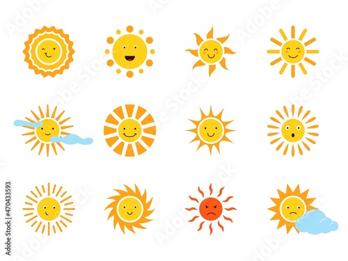 Sun characters. Different emotions cartoon cute sunshine faces, funny solar symbols, kids elements with smiles, anger and sadness, sunny and cloudy weather, vector isolated set
