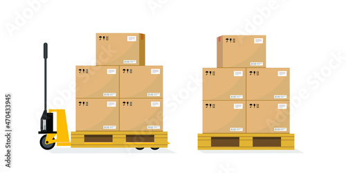 Pallet truck Forklift at work cardboard box rack depot and warehouse storage, merchandise, shipment and logistic management vector illustration isolated on white background Pallet truck 

