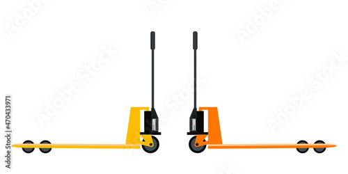 Hydraulic trolley jack with heavy boxes with goods. Buying building materials in supermarket with hand pallet truck. Delivering overall goods. Flat design illustration for ad and concepts
 photo