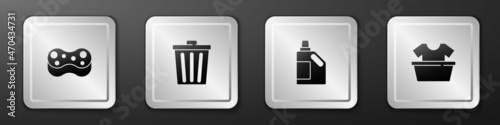 Set Sponge, Trash can, Bottle for cleaning agent and Basin with shirt icon. Silver square button. Vector