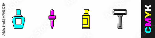 Set Perfume, Pipette, Spray can for hairspray and Shaving razor icon. Vector