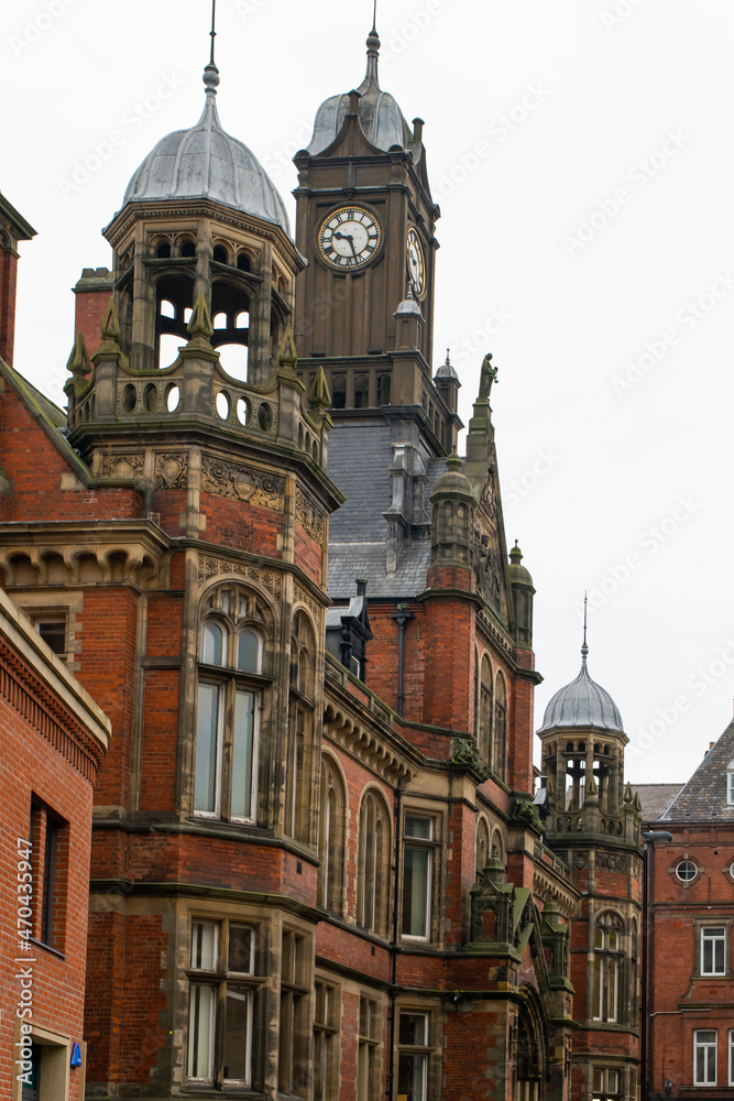 Detail of the facade and clock tower of Victorian style Magistrates Court in York England