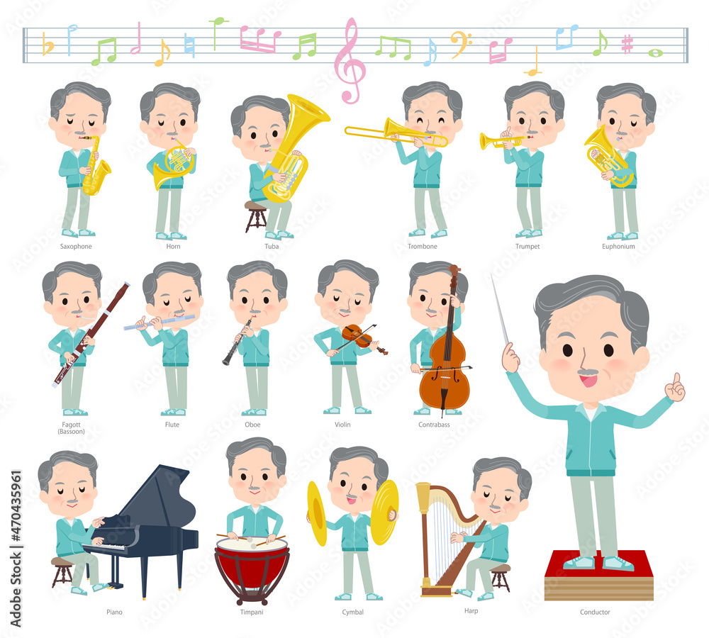 クラシック音楽演奏に関する青緑ジャージ高齢男性のセット
