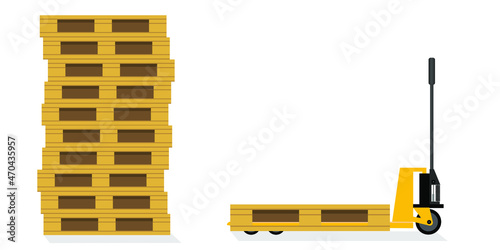 Hydraulic trolley jack with heavy boxes with goods. Buying building materials in supermarket with hand pallet truck. Delivering overall goods. Flat design illustration for ad and concepts
