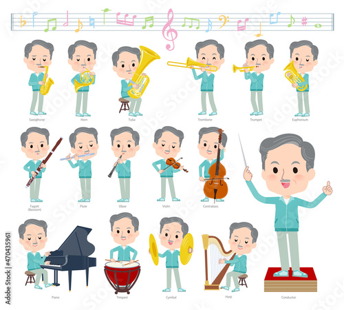 クラシック音楽演奏に関する青緑ジャージ高齢男性のセット