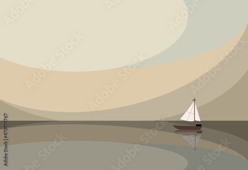 夕暮れの　海上リフレクションのイラスト	
