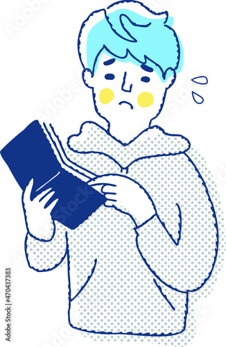 財布の中のお金を見て困っている若い男性