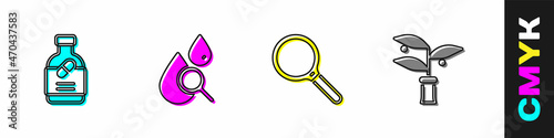 Set Medicine bottle and pills, Drop magnifying glass, Magnifying and Plant breeding icon. Vector