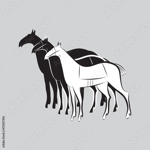 Three thoroughbred racehorses. Horses stand one after other in same harness. Black and white stallions silhouettes. Saddled mustangs for stables, farms, horse racing, tattoo, stickers, logo, badge.