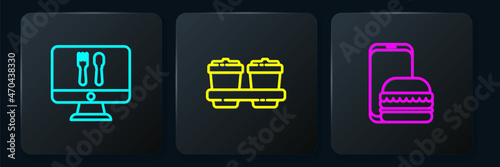 Set line Online ordering and delivery, and Coffee cup to go. Black square button. Vector